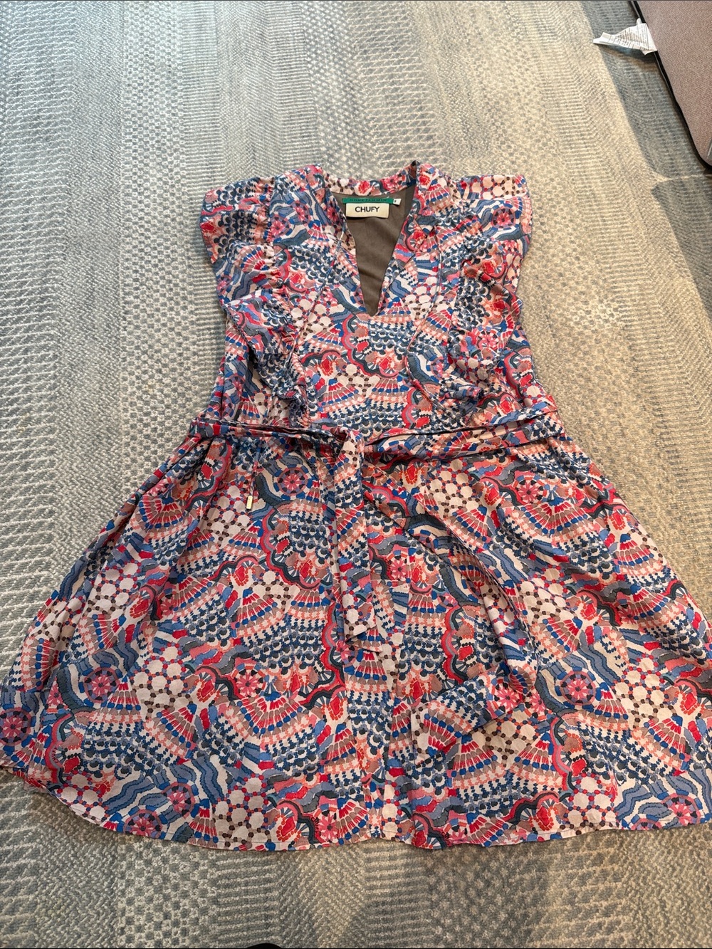 Chufy Pink & Blue Printed Tie-Waist Mini Dress